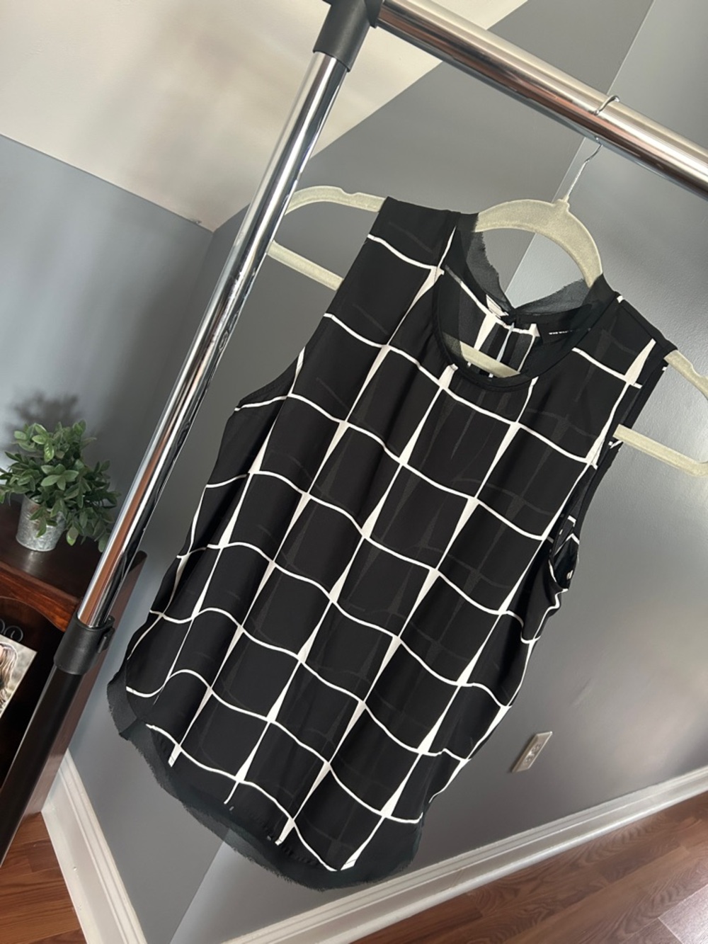 Black Windowpane Sleeveless Blouse - Modern Women's Dress Top, small